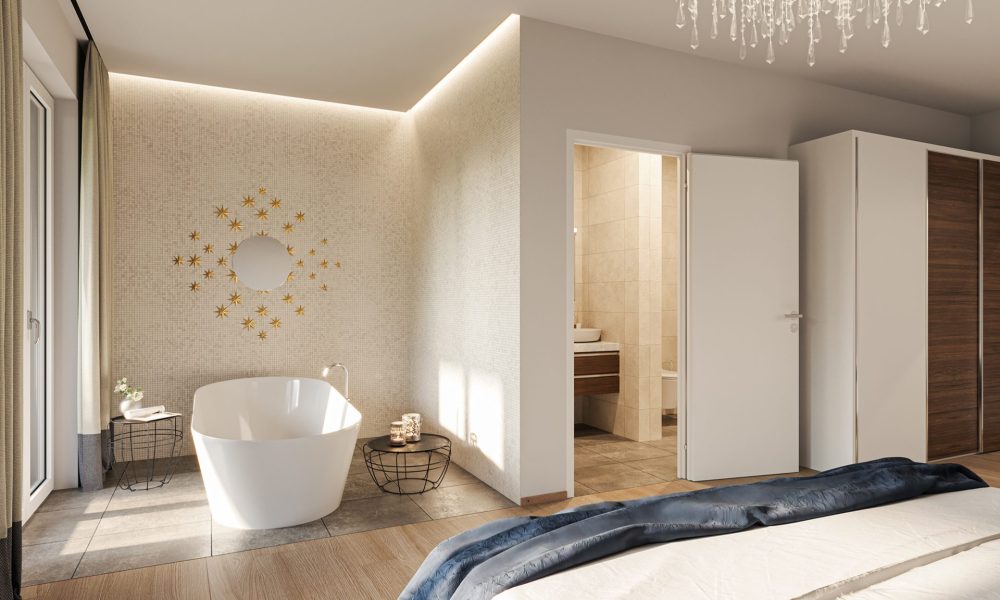 Visualisierung Schlafzimmer mit freistehender Badewanne, Eigentumswohnungen Fasanengärten in München Obermenzing