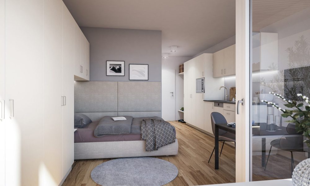 Visualisierung innen vollmöbliertes Micro-Apartment