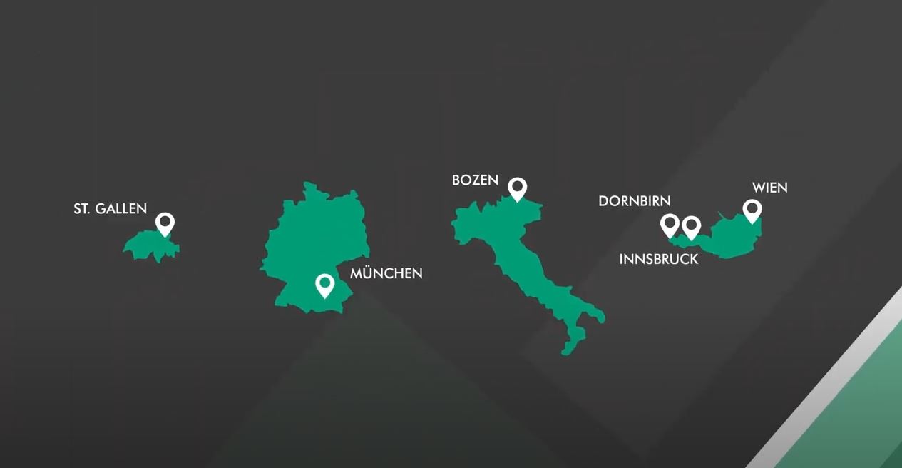 Übersicht ZIMA Standorte mit Landkarten Schweiz, Deutschland, Italien, Österreich